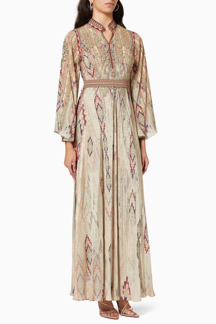 Crystal-embellished Belted Maxi Dress in Georgette, Neutral