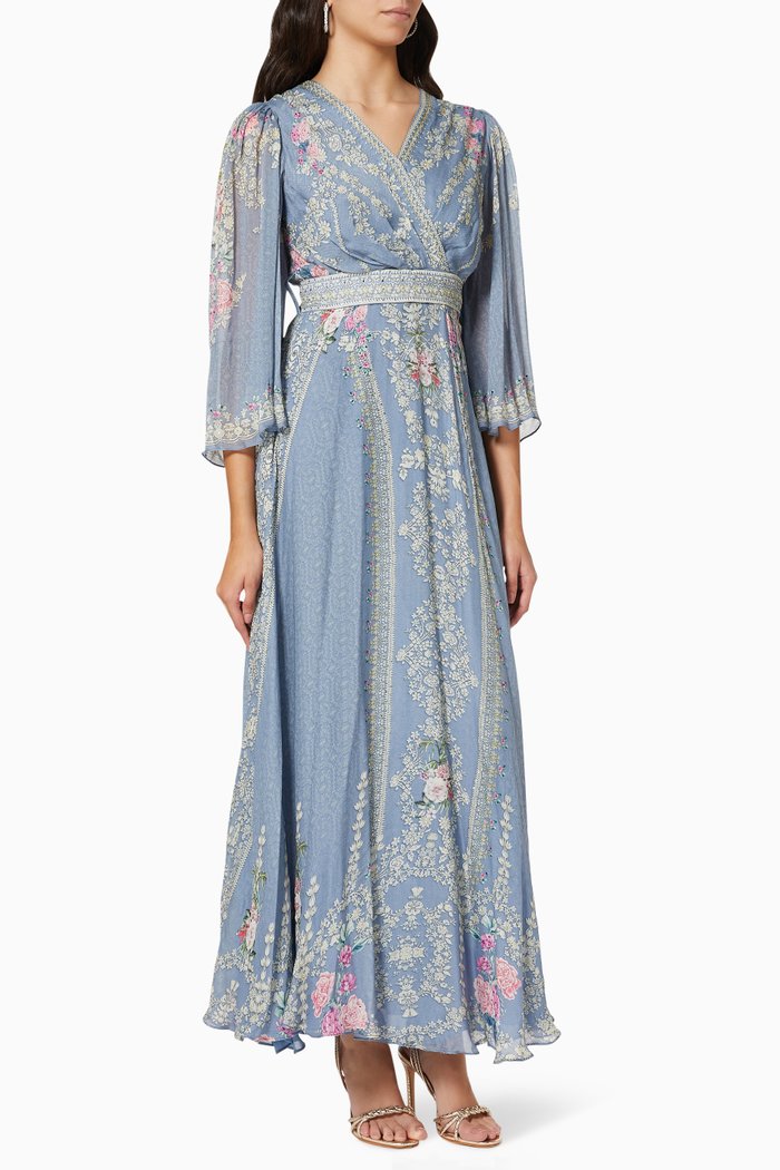 

Floral Wrap-around Dress in Chiffon, Blue