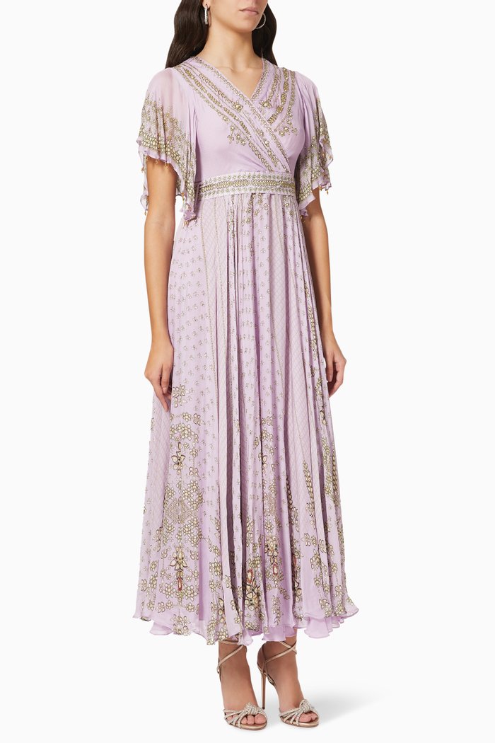 

Floral Wrap-around Maxi Dress in Georgette, Purple