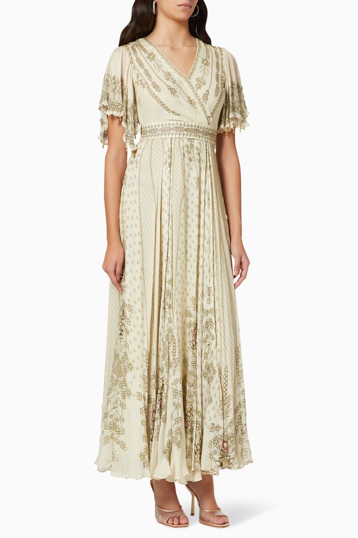

Floral Wrap-around Maxi Dress in Georgette, Neutral