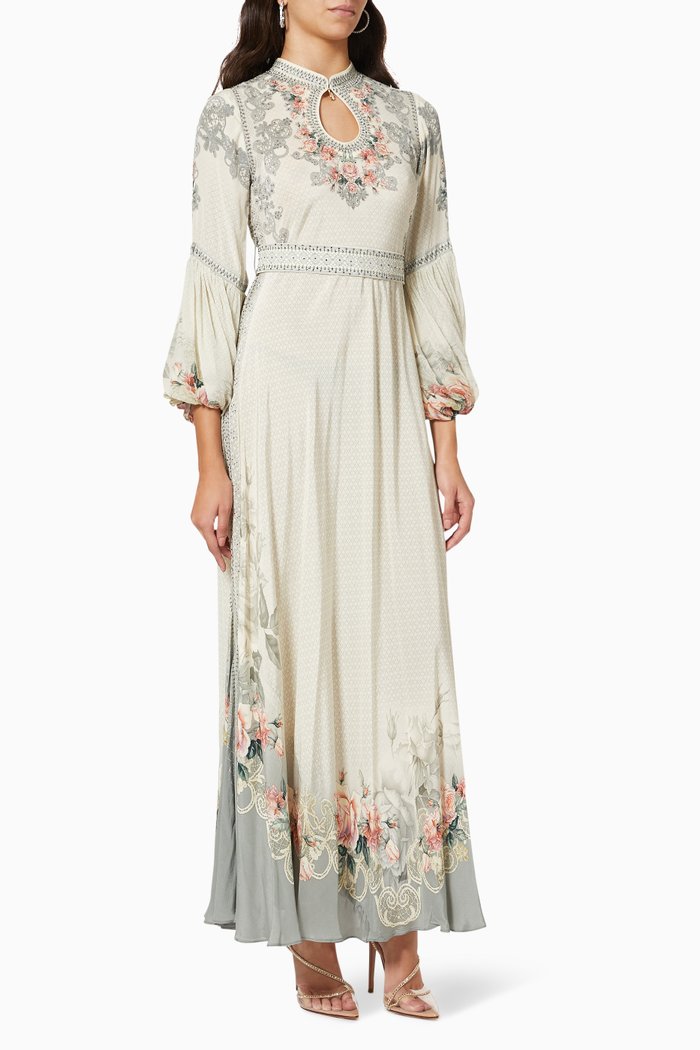 

Floral Belted Maxi Dress in Georgette, White