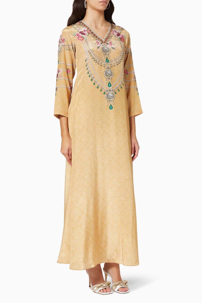 

Crystal-embellished Floral Maxi Dress in Satin Crepe, Yellow