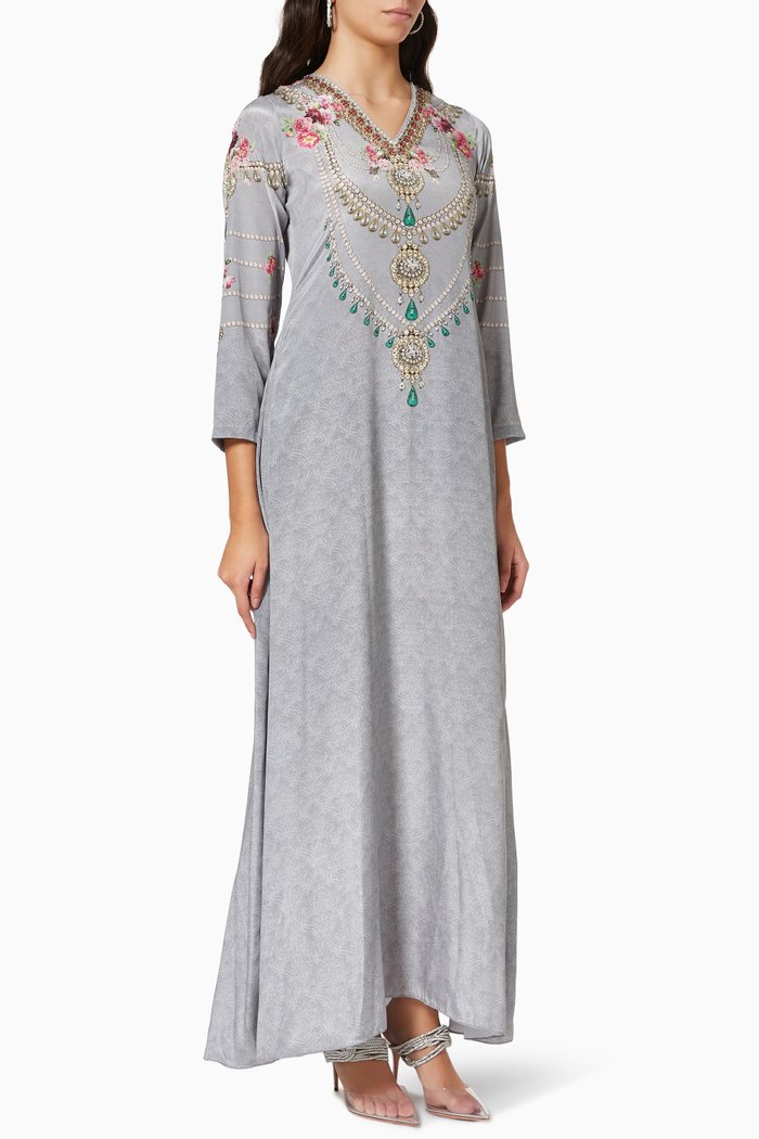 

Crystal-embellished Floral Maxi Dress in Satin Crepe, Grey
