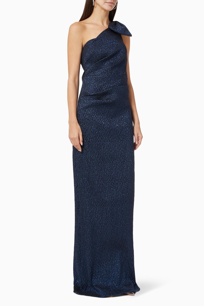 

One Shoulder Dress in Metallic Jacquard, Blue