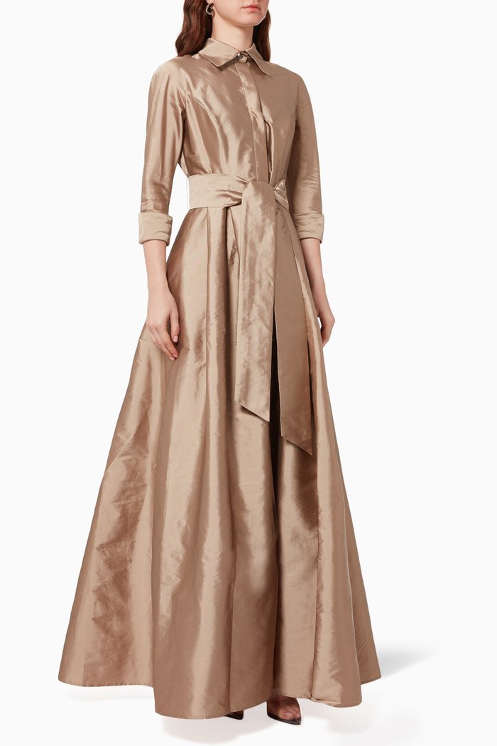 

Belted Shirt Gown in Tafetta, Gold