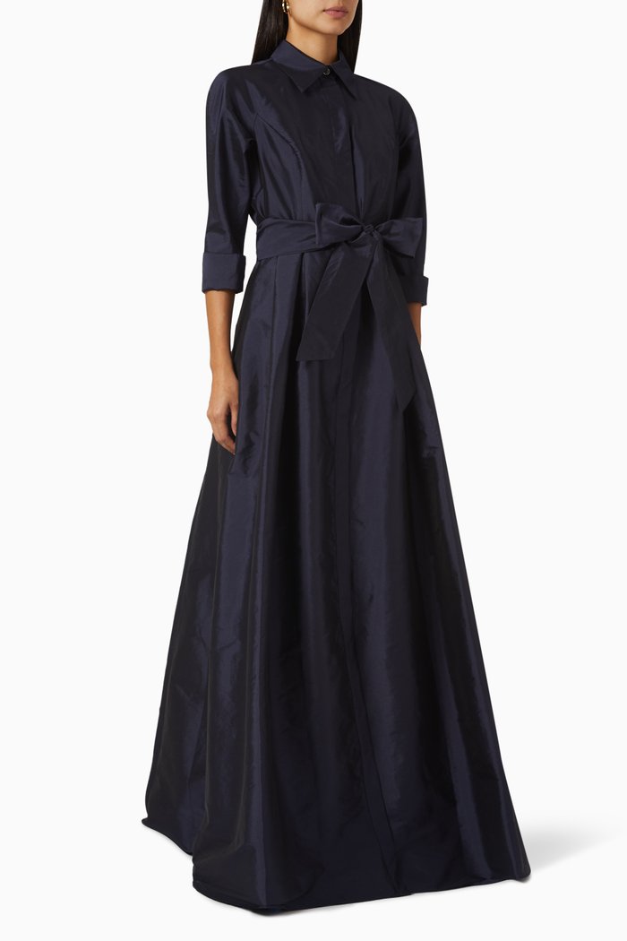 

Belted Shirt Gown in Tafetta, Blue