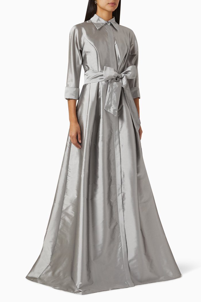 

Belted Shirt Gown in Tafetta, Silver
