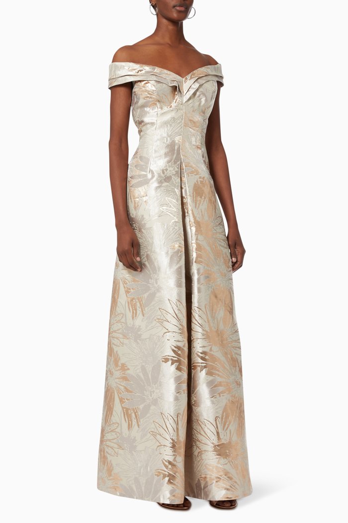 

Off Shoulder Gown in Metallic Jacquard, Gold