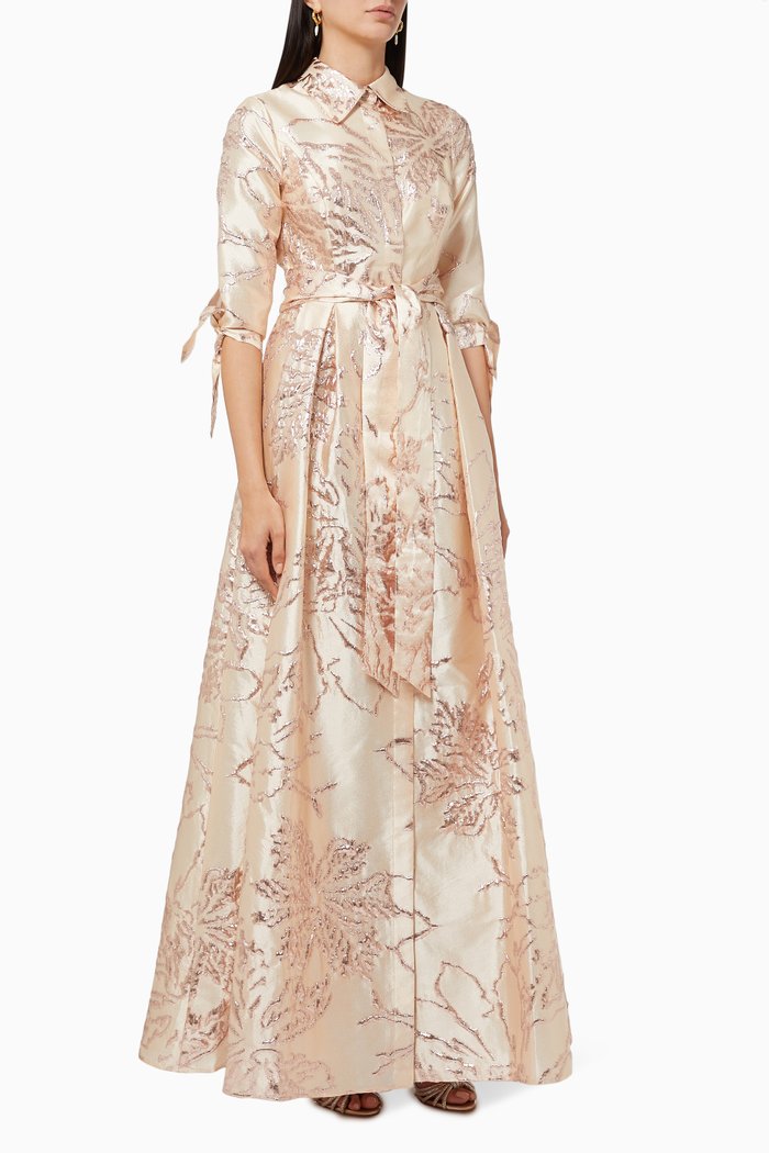 

Belted Shirt Gown in Metallic Jacquard, Gold