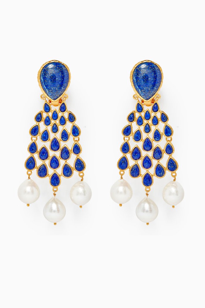 

Euphoria Chandelier Earrings with Lapis & Baroque Pearls in 24kt Gold Plating, Blue