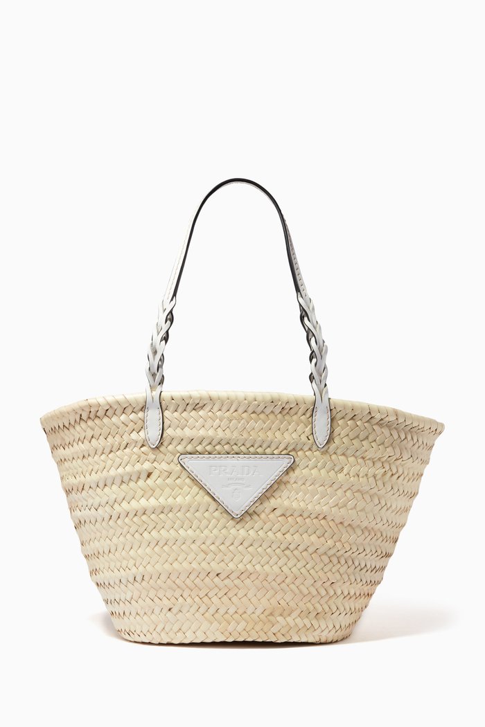 Tote Bag in Woven Palm & Leather, White