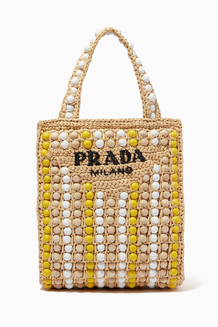 Beaded Tote bag in Raffia, Neutral