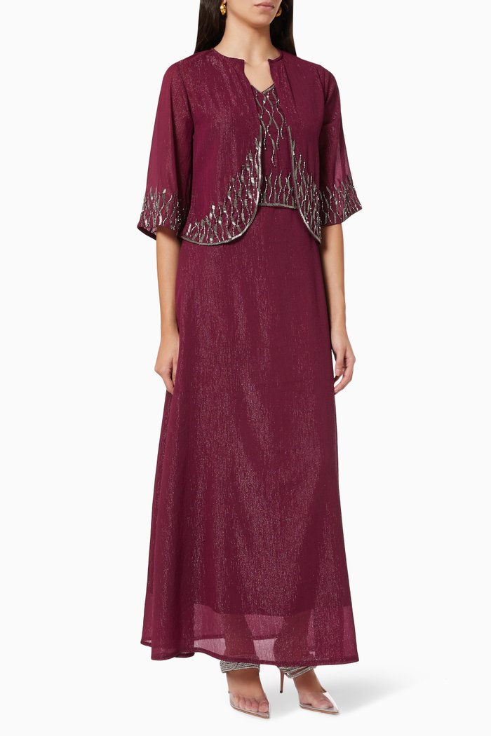 

Embellished Jacket & Dress Set in Crepe, Purple