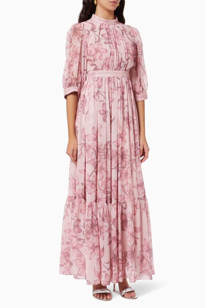 

Floral Gathered Dress in Chiffon, Pink