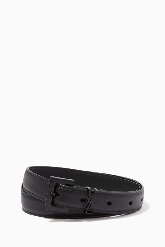 

Monogram Narrow Belt with Square Buckle in Smooth Leather, Black