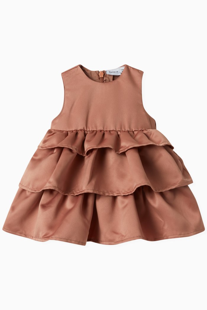 

Shiny Layered Skirt Dress in Satin, Brown