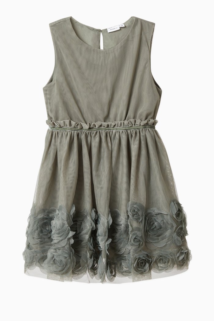 

Flower Hem Dress in Tuelle, Green