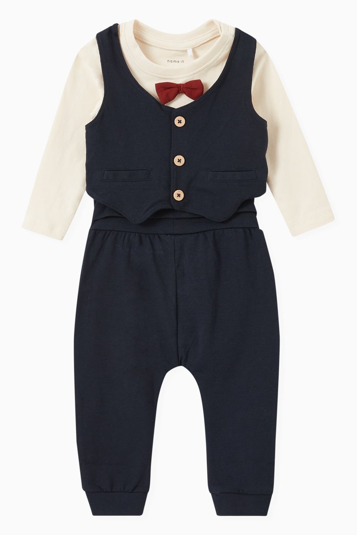 

Waistcoat Bodysuit & Trousers Set in Organic Cotton, Blue