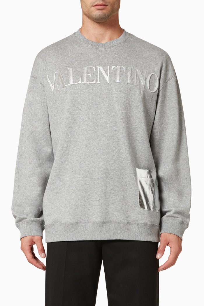 Metallic Patch Pocket Sweatshirt in Cotton Jersey, Grey