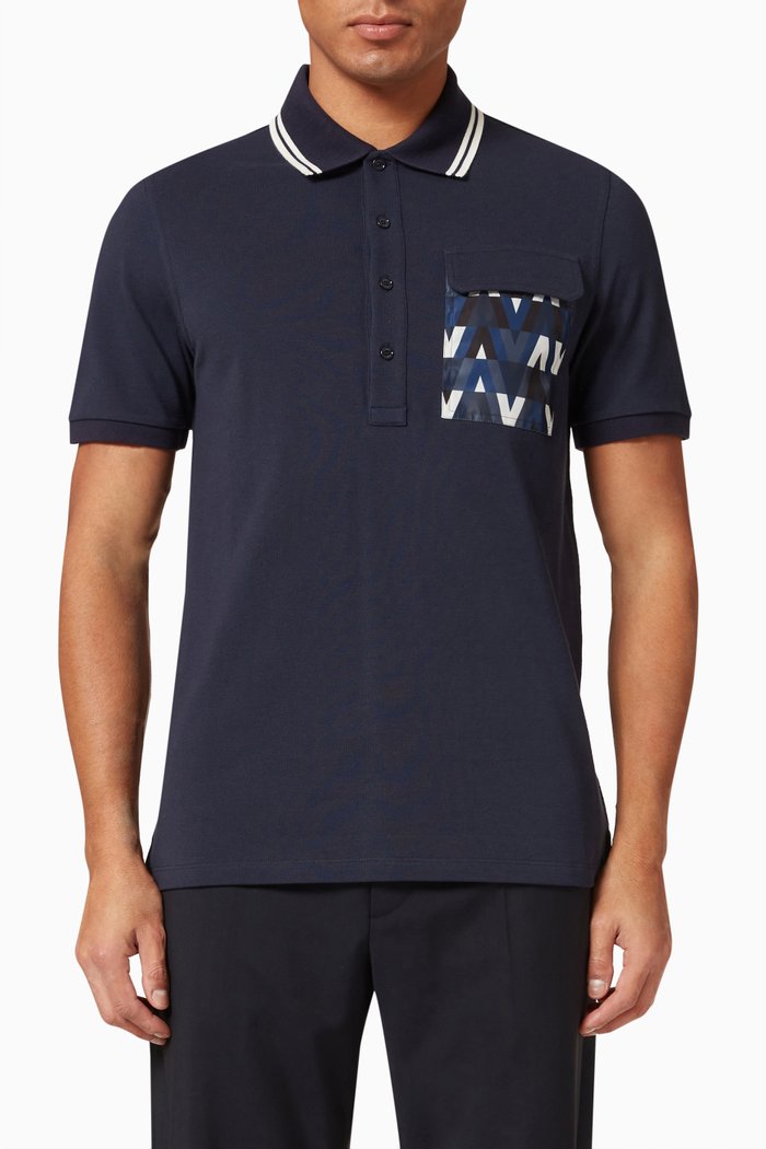 

V Optical Patch Polo T-shirt in Cotton Pique, Blue