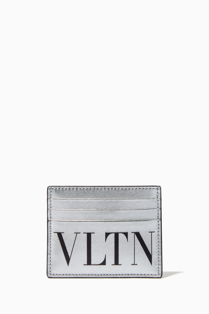 

Valentino Garavani VLTN Card Holder in Metallic Calfskin, Silver