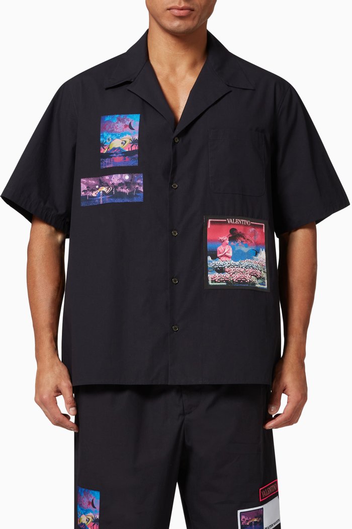 

Brocade Patch Shirt in Cotton, Blue