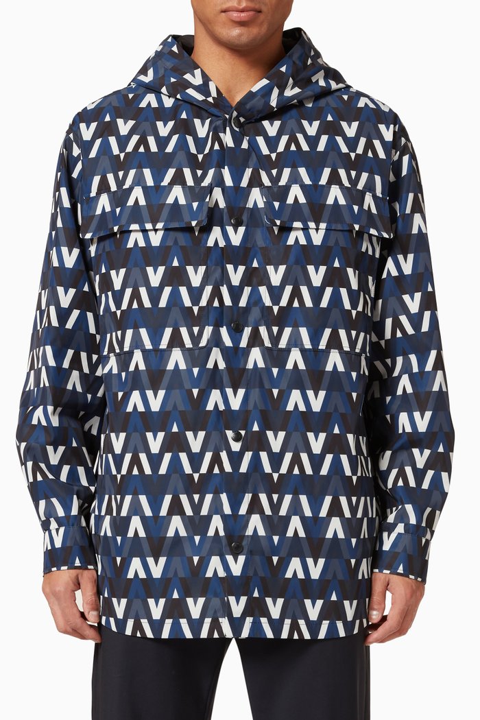 

V Optical Print Shirt Jacket in Nylon, Blue
