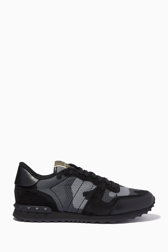 

Valentino Garavani Camouflage Rockrunner Sneakers in Mixed Leather, Black