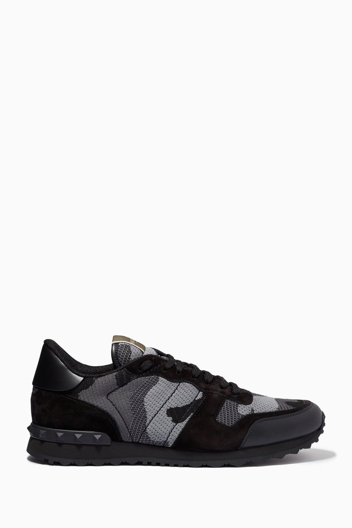 

Valentino Garavani Camouflage Rockrunner Sneakers in Mixed Leather, Grey