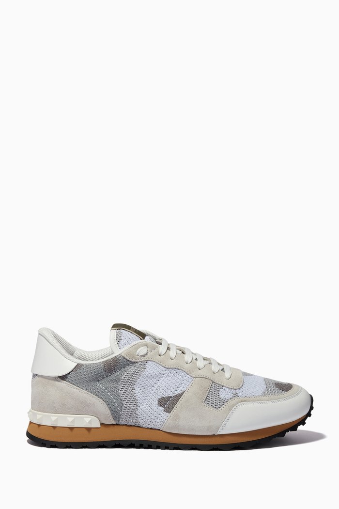 

Valentino Garavani Camouflage Rockrunner Sneakers in Mixed Leather, Grey