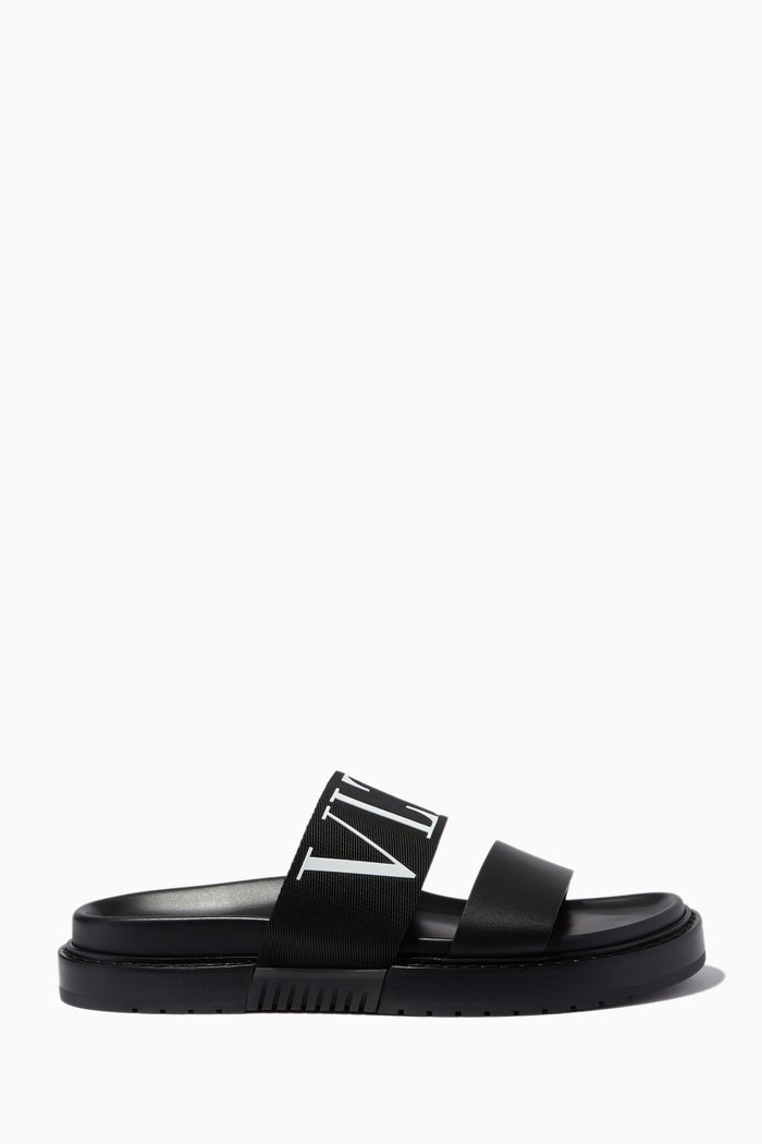 Valentino Garavani VLTN Slide Sandals in Leather, Black