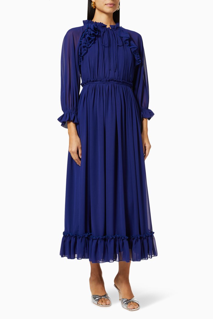 

Floral Ruffle Dress in Crinkle Chiffon, Blue