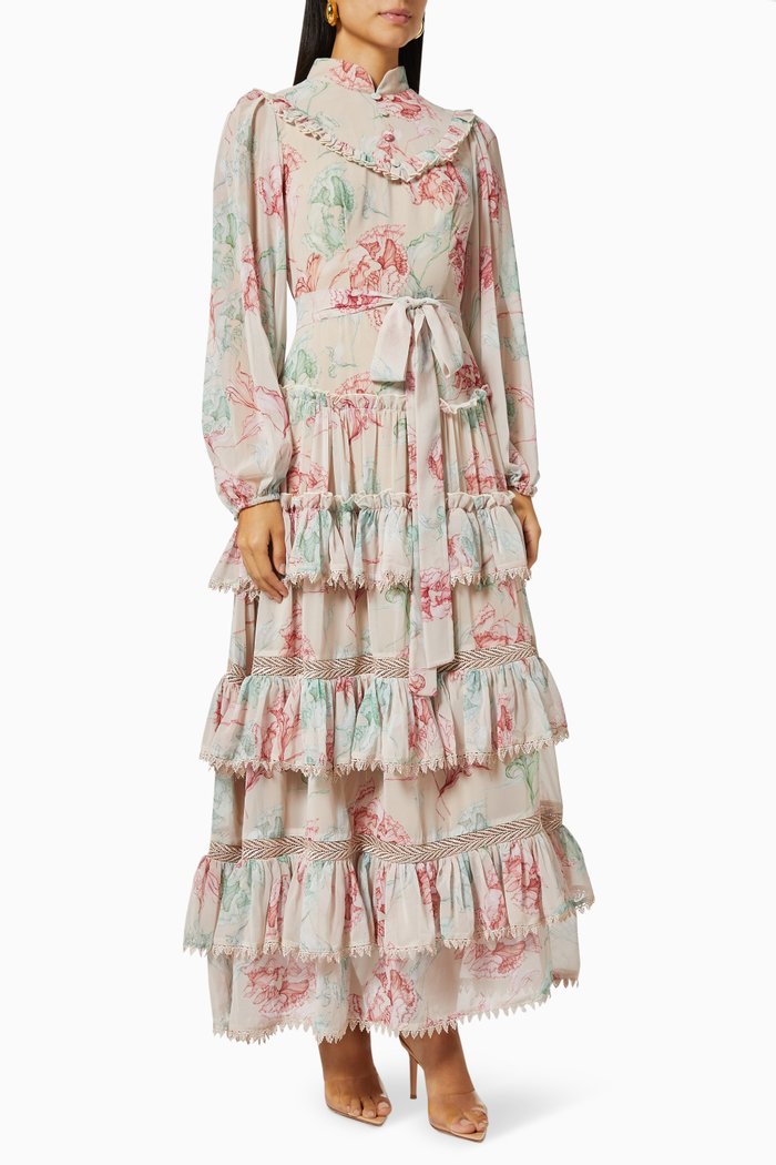

Floral Tiered Dress in Crinkle Chiffon, Neutral