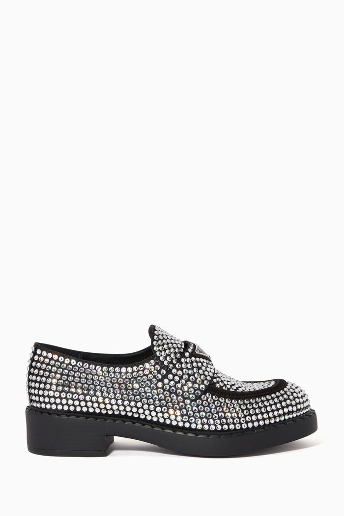

Triangle Logo Crystal Loafers in Satin, Black