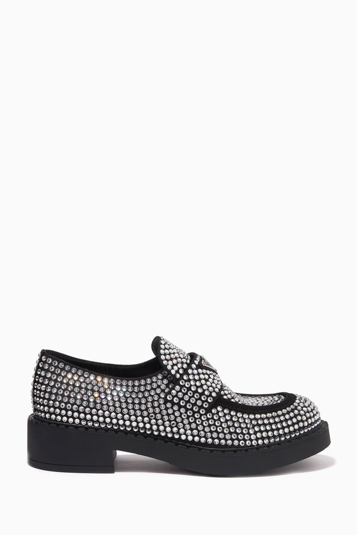 Triangle Logo Crystal Loafers in Satin, Silver