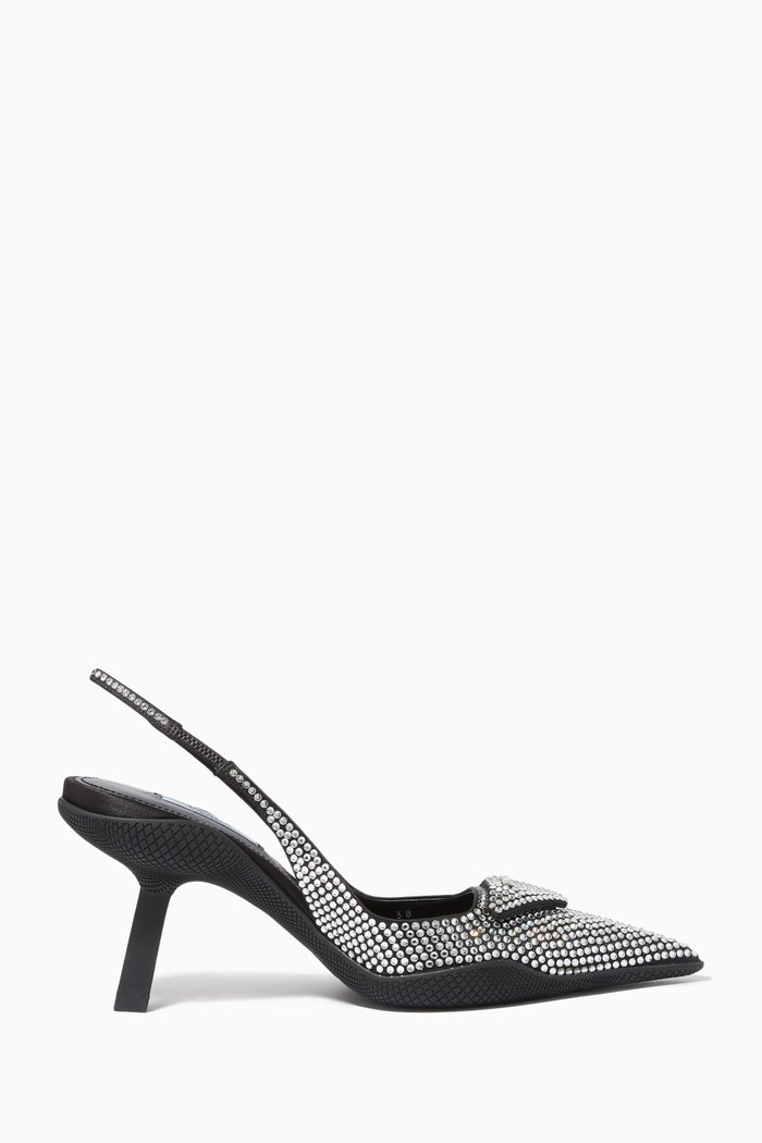 

Triangle Logo Crystal Slingback Pumps in Satin, Silver