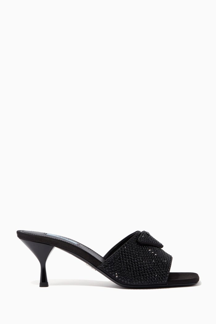 

Triangle Logo Crystal Mules in Satin, Black