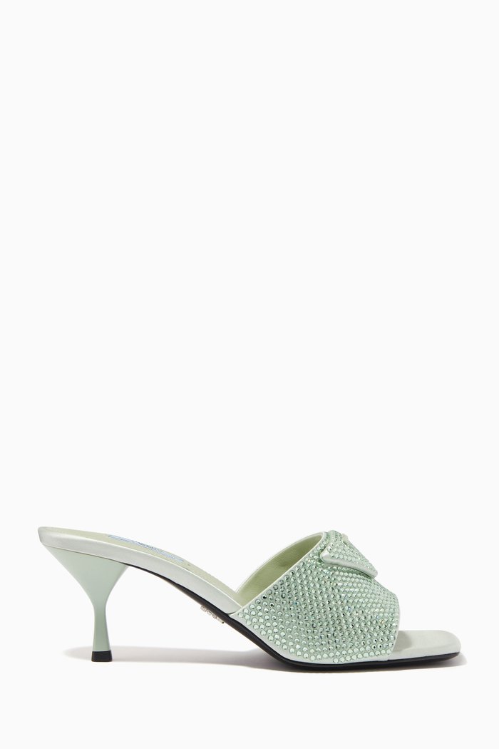 

Triangle Logo Crystal Mules in Satin, Green
