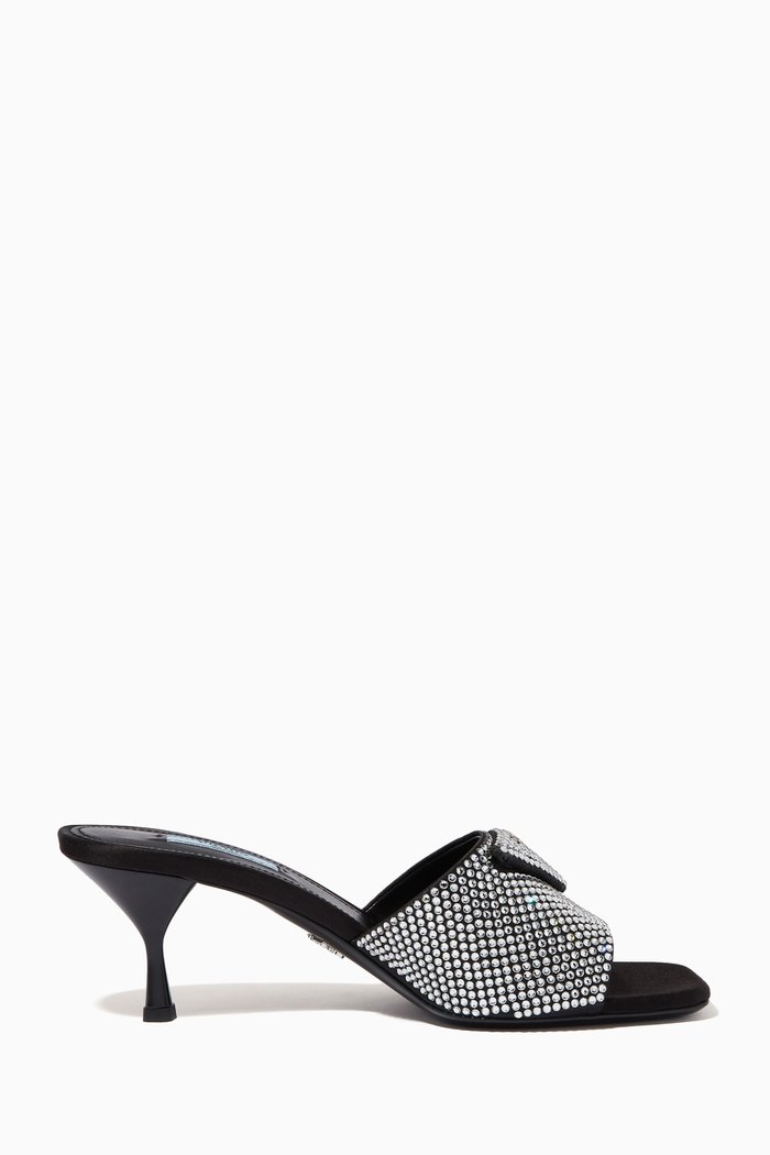 

Triangle Logo Crystal Mules in Satin, Silver