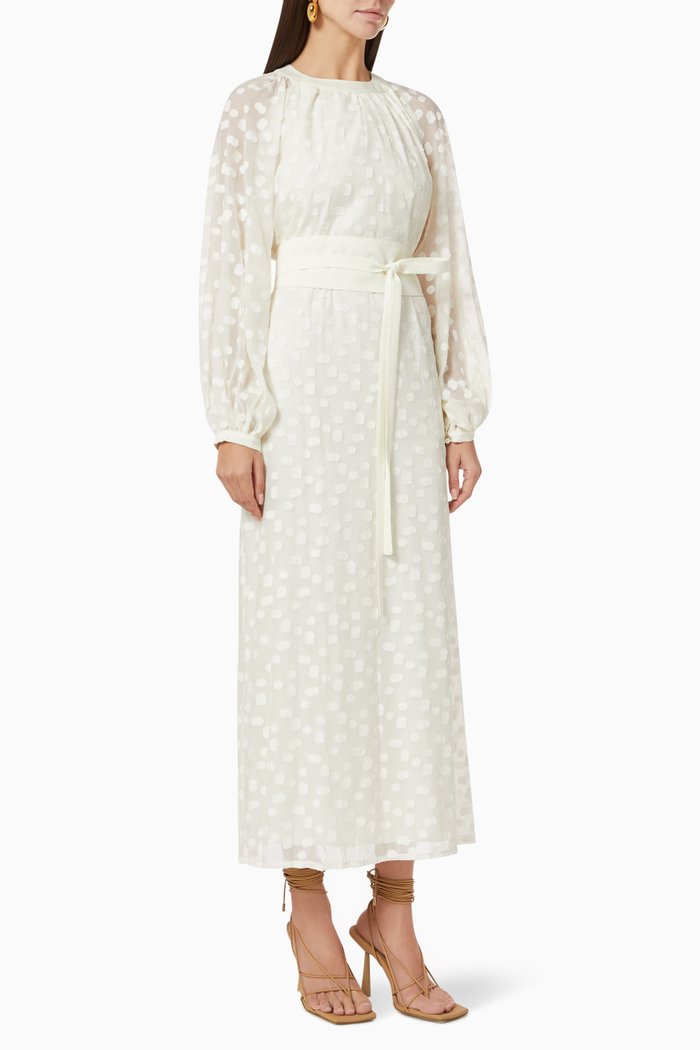 

Belted Maxi Dress in Swiss Dot Chifon, White