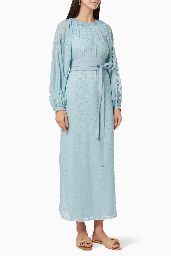 

Belted Maxi Dress in Swiss Dot Chifon, Blue