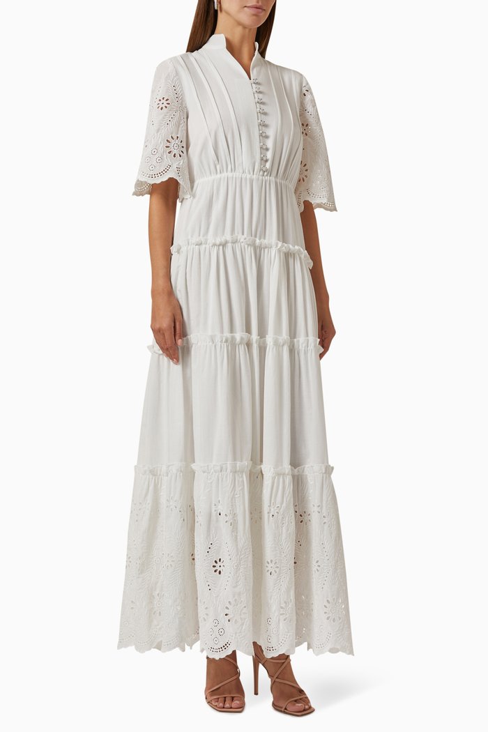 

Tiered Maxi Dress in Broderie Anglaise Cotton, White
