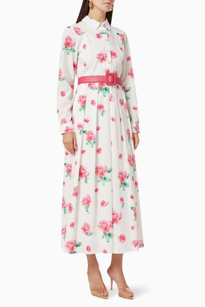 

Floral Maxi Shirt Dress in Cotton, White