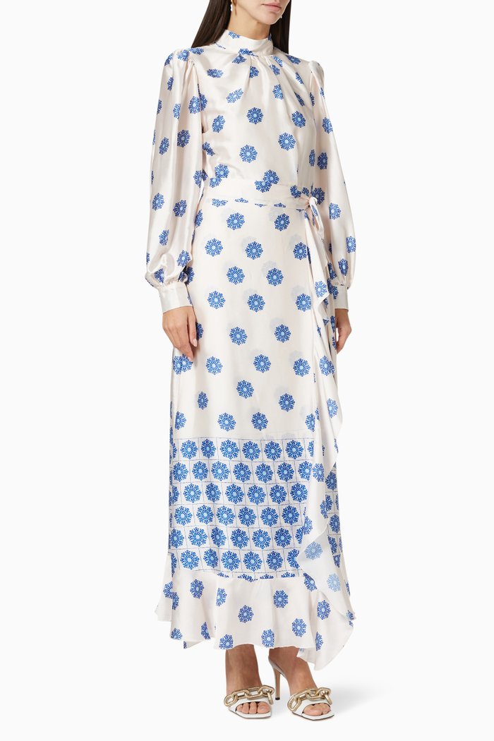 

Floral Wrap-around Maxi Dress in Crepe, White
