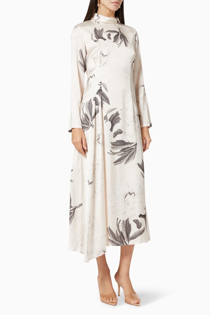 

Floral Midi Dress in Crepe, Neutral