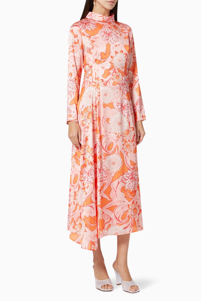 

Floral Midi Dress in Crepe, Orange