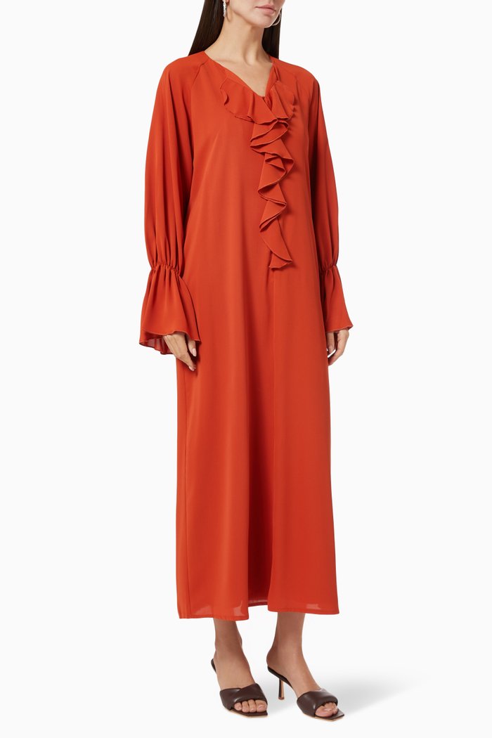 Ruffled Trim Mid-axi Dress in Crepe, Burgundy