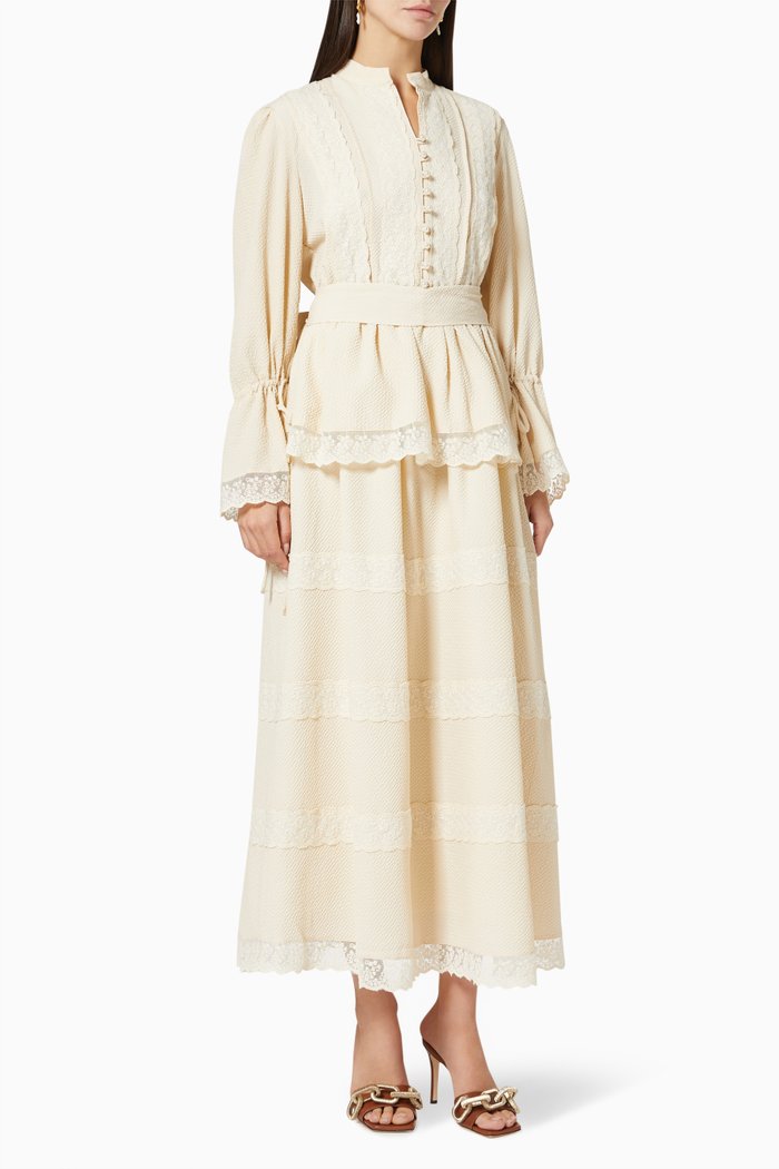 Lace Trim Maxi Dress in Cotton, Neutral