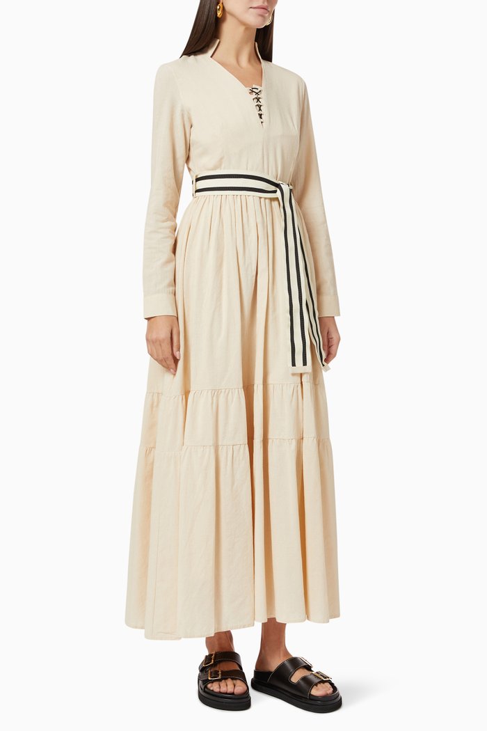 

Belted Tiered Maxi Dress in Cotton, Neutral