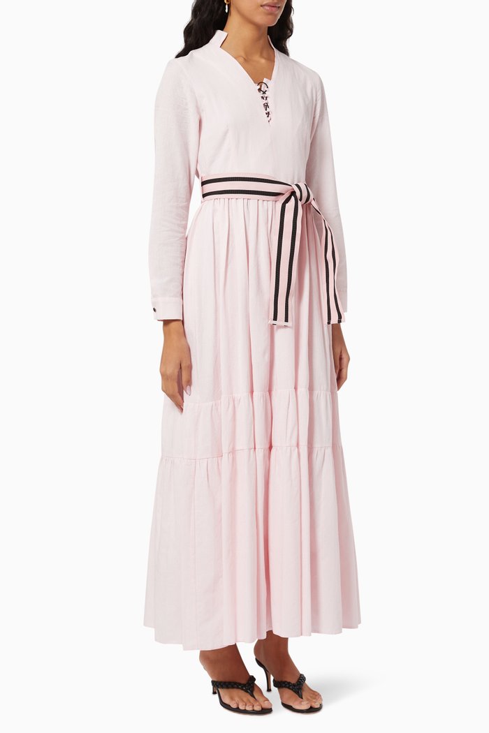 

Belted Tiered Maxi Dress in Cotton, Pink
